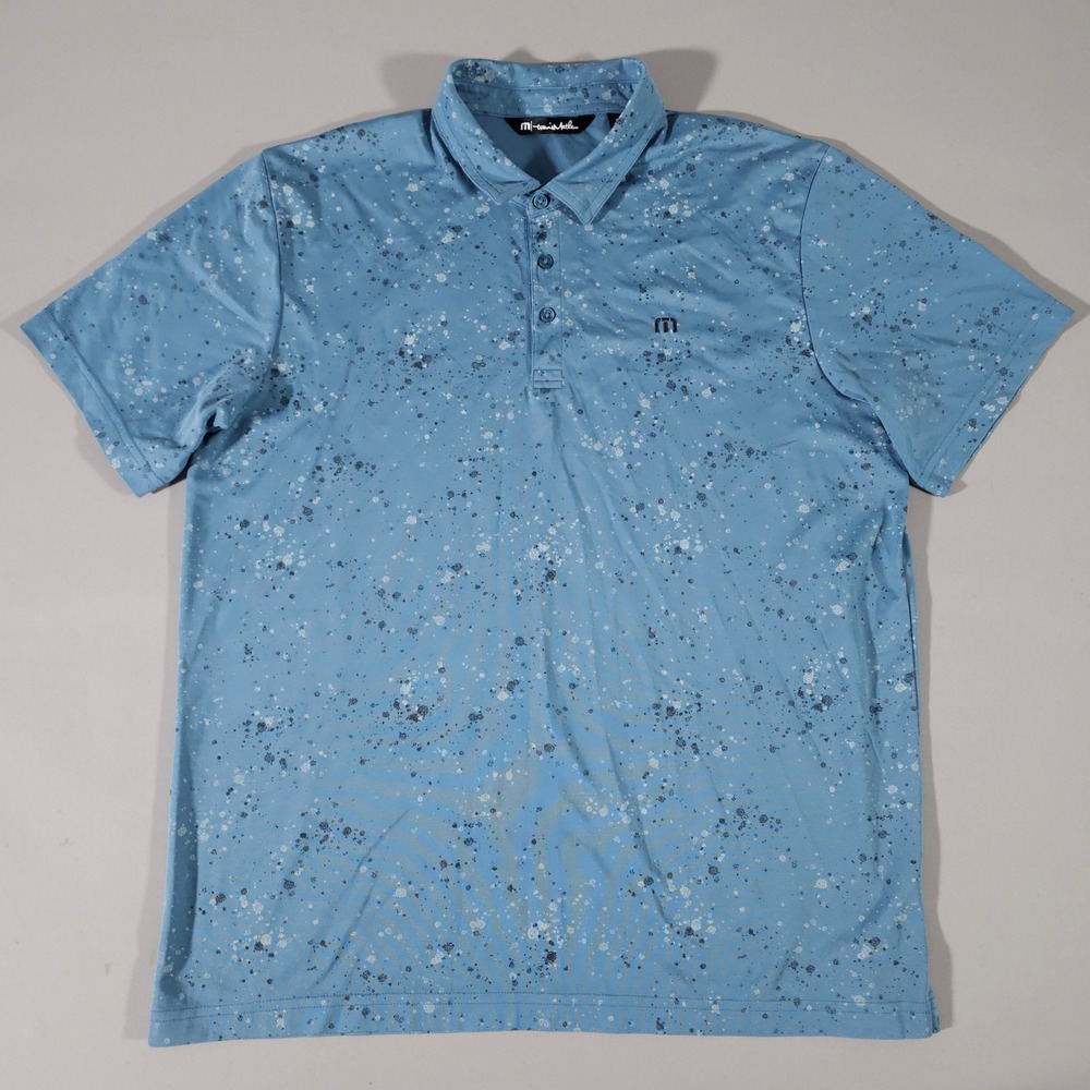 TravisMathew Polo Shirt Mens XL Blue Splatter Print Short Sleeve Golf Tee